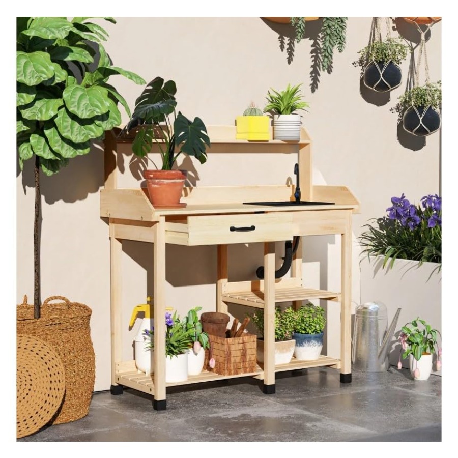 Wooden Potting Bench Table wit - Woodworking Work Table 评论和价格