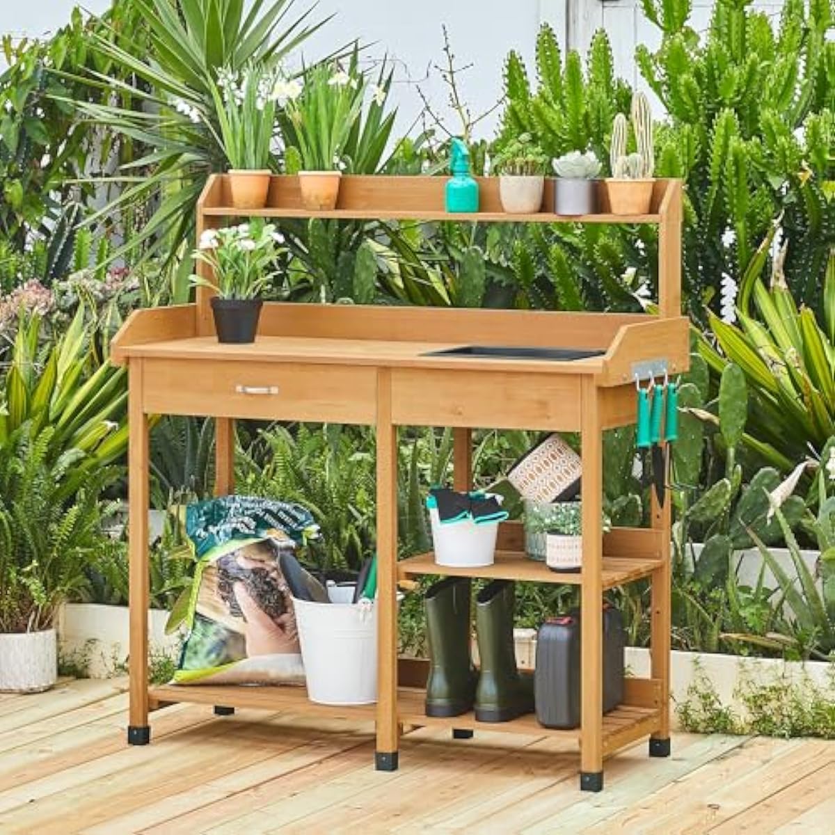 Outdoor Potting Bench with Rem - Woodworking Work Table 评论和价格